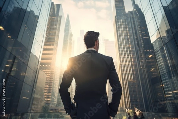 Fototapeta Back view of a businessman in a formal suit against the backdrop of skyscrapers in the business district of the city.