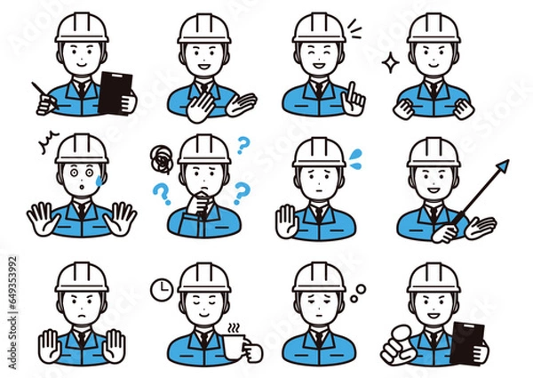 Obraz ヘルメットと作業着を着た男性の様々な表情のアイコン素材