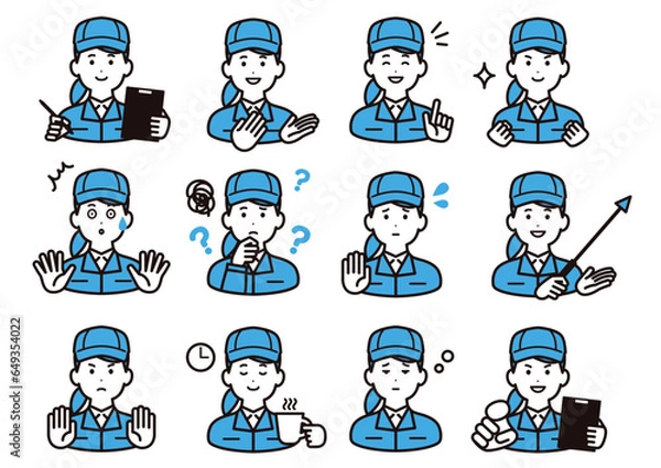 Obraz 帽子と作業着を着た女性の様々な表情のアイコン素材