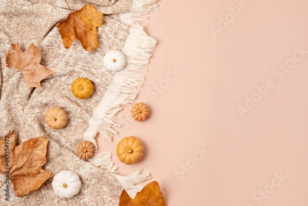 Fototapeta Autumn background with pumpkins, fall leaves and plaid cover in natural pastel colors.  Seasonal holidays background with copy space
