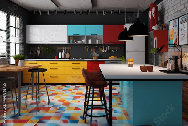 Fototapeta Pop-art style kitchen interior in modern house.