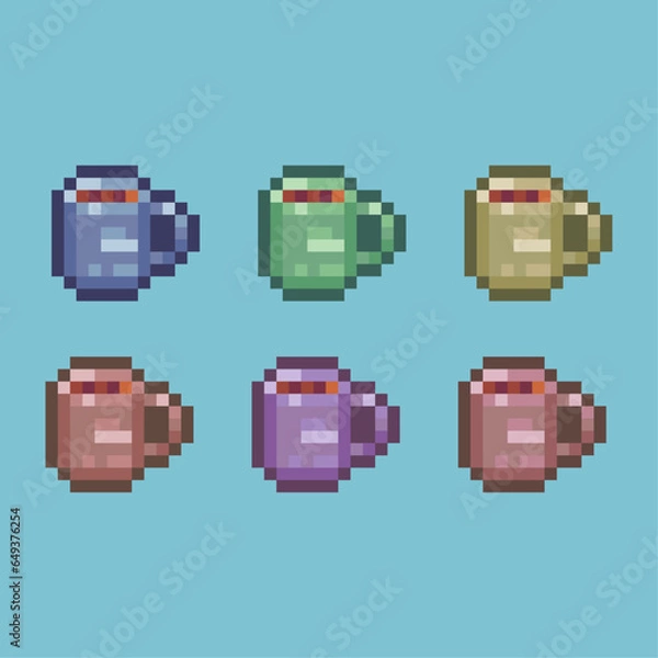 Obraz Pixel art sets of cup of coffee with variation color item asset. simple bits of cup of coffee on pixelated style 8bits perfect for game asset or design asset element for your game design asset