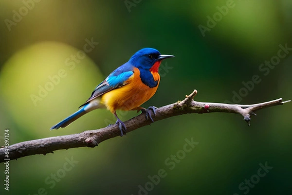 Fototapeta The bullfinch bird sits on a bunch of red rowan berries and holds a red rowan berry in its beak