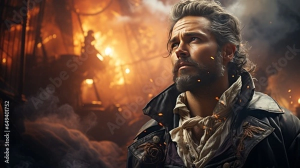 Obraz Male captain with beard and a burning ship in the background. Made with Generative AI. 