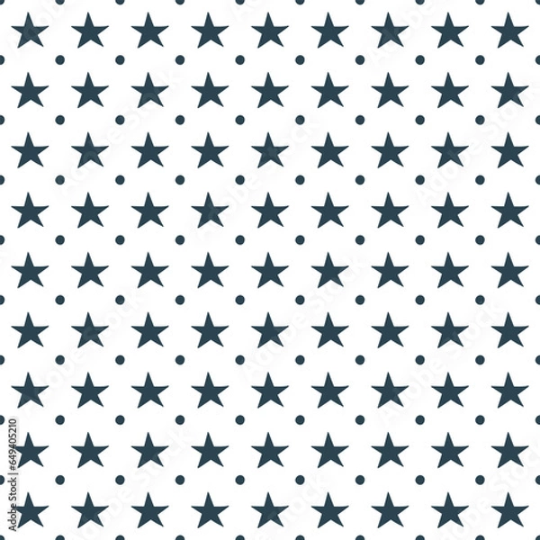 Fototapeta Navy blue stars and dots on a white background. Modern Scandinavian style pattern is festive and cheerful. Monochromatic seamless vector geometric design. Funky Christmas and New Year design.