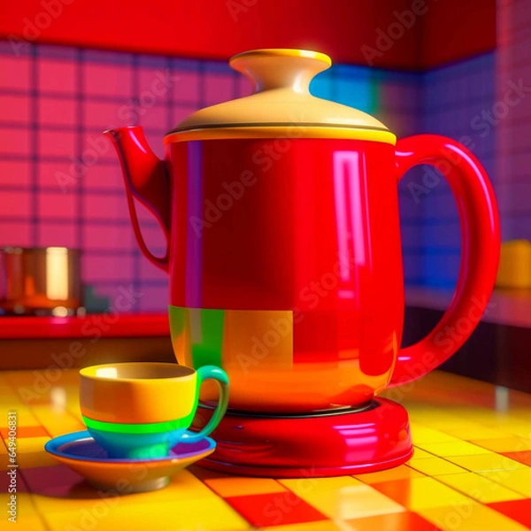 Obraz A colorful cup with a coffee pot inside in the style of red and beige iconic works of design