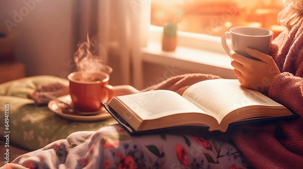 Obraz Warm woman with a blanket relaxing at home while reading a book and drinking coffee or hot chocolate. Sunset light coming through the window. Generative ai