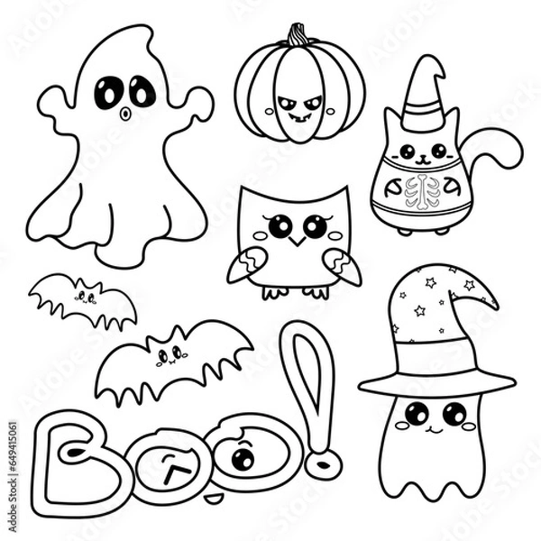 Obraz vector hand drawn Halloween kawaii coloring book illustration set