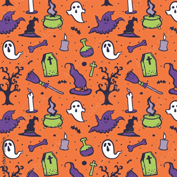 Fototapeta Hand drawn colourfull vector pattern design. Halloween