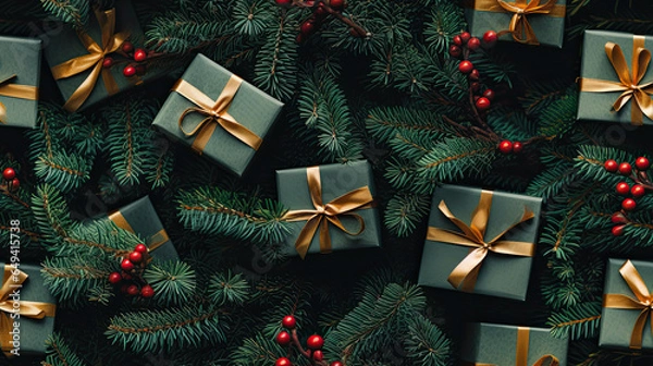 Fototapeta Christmas pattern with gifts, berries, holly leaves, snow balls, fir branches. Background on dark. Cute photo for fabric, wrapping paper, postcard design.