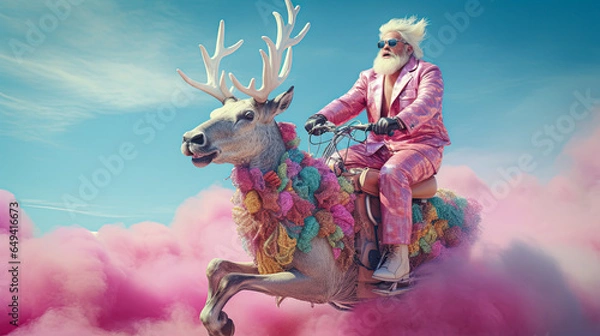 Fototapeta Bright Santa Claus in Rococo style ride in deer on pink cloud. An attractive hipster Santa Claus. Minimal winter holidays idea.