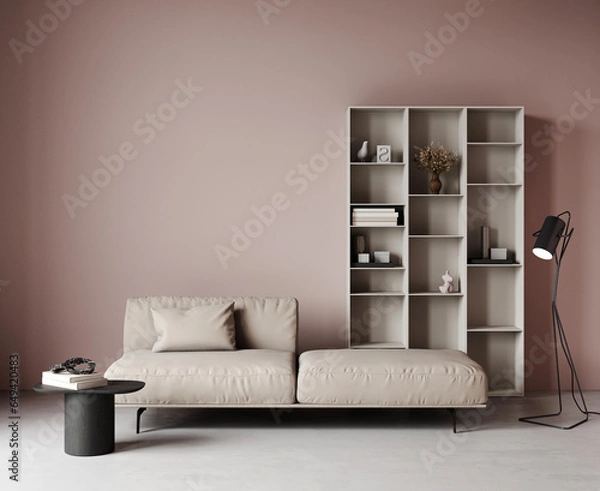 Fototapeta 3d rendering of modern living room with beige sofa, coffee table, floor lamp, decorative pillow. Open shelving for decor, ceramics, books. Frame mockup. Template. Dusty pink walls