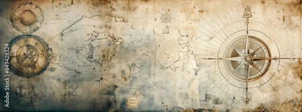 Fototapeta Streszczenie tła tematu podróży, przygody i odkrywania. Stara ręcznie rysowana mapa z vintage jachty żeglarskie, róża wiatru, trasy, symbole morskie i odręczne napisy