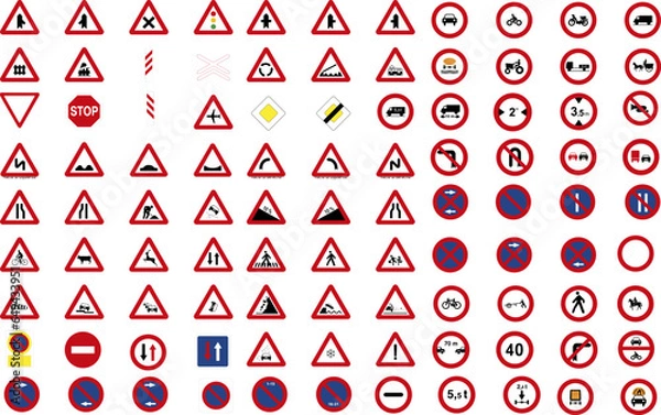 Fototapeta Set of triangular and round traffic, warning, prohibition and danger signs icons in addition to the hexagonal stop