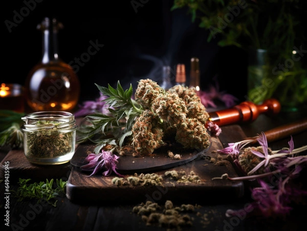 Fototapeta Cannabis buds, highlighting CBD and THC, are depicted in macro detail on a black wood background, emphasizing the theme of cannabis legalization. A marijuana smoking pipe is also present.