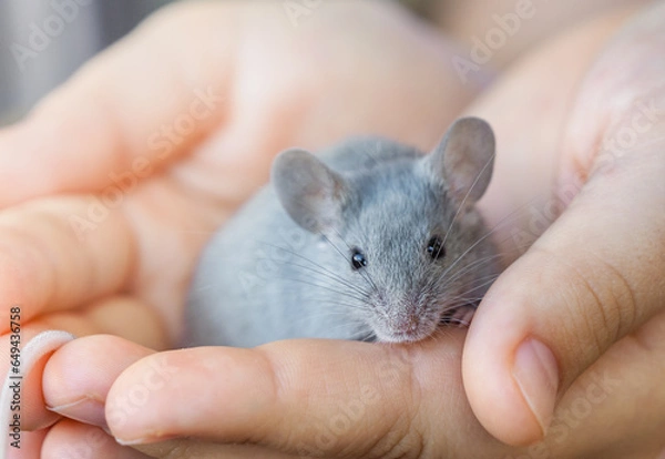 Fototapeta Small gray domestic mouse sits on a person's hand. Contact and interaction between humans and animals. Caring for pets. Fancy mouse, decorative mouse