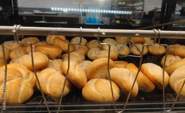 Fototapeta Fresh white kaiser roll breads are lying in a self service supermarket shelf and are ready to be sold
