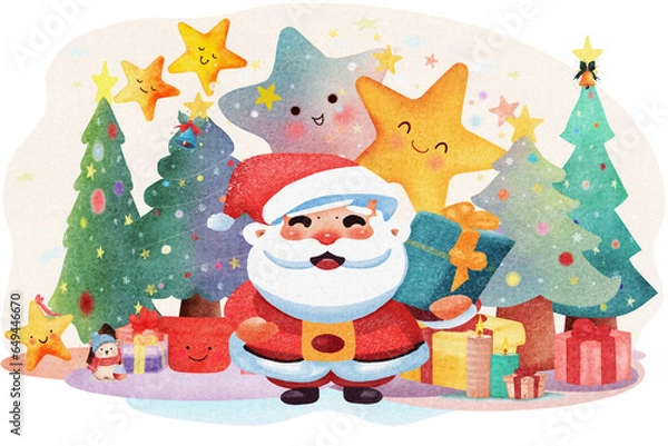 Fototapeta Christmas items collection set, A cute Santa Claus character holding a blue present box in hands and Christmas items. Vector illustration drawing.