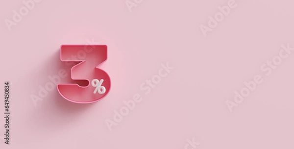 Fototapeta Pink 3d three percents or 3 % on pink background. For advertising promotion, 3d financial concept design. 3% interest special offer. Symbol icon with percentage. Discount concept for cosmetics.
