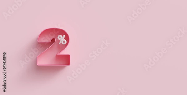 Fototapeta Pink 3d two percents or 2 % on pink background. For advertising promotion, 3d financial concept design. 2% interest special offer. Symbol icon with percentage. Discount concept for cosmetics.