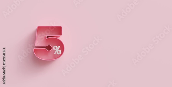 Fototapeta Pink 3d five percents or 5 % on pink background. For advertising promotion, 3d financial concept design. 5% interest special offer. Symbol icon with percentage. Discount concept for cosmetics.