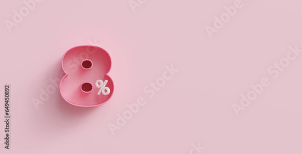 Fototapeta Pink 3d eight percents or 8 % on pink background. For advertising promotion, 3d financial concept design. 8% interest special offer. Symbol icon with percentage. Discount concept for cosmetics.
