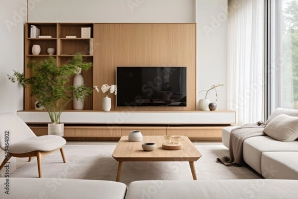 Fototapeta Modern minimalist living  room with natural neutral colors design