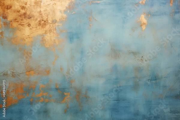 Fototapeta Acrylic blue and golden background. Abstract painting for banner, website, texture. Oil art with aquamarine and gold, light orange and bronze, light gold and white, sleek metallic finish Generative Ai