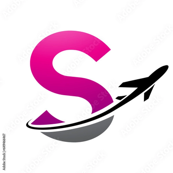 Fototapeta Magenta and Black Uppercase Letter S Icon with an Airplane