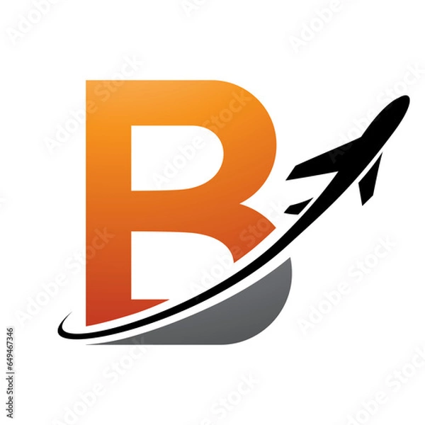Fototapeta Orange and Black Uppercase Letter B Icon with an Airplane