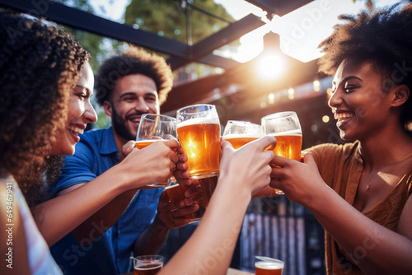 Fototapeta Group of friends toasting with beer in a pub. Cheerful young people drinking beer and having fun together. Selective focus.  