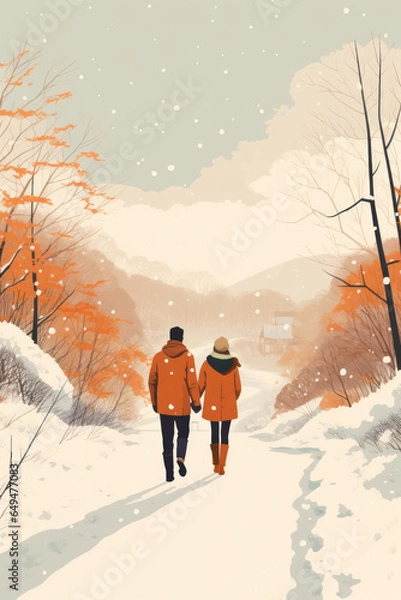 Fototapeta couple from the back holding hands walking in the snow park forest landscape winter christmas in textured pencil hand drawn color block sketch illustration style	