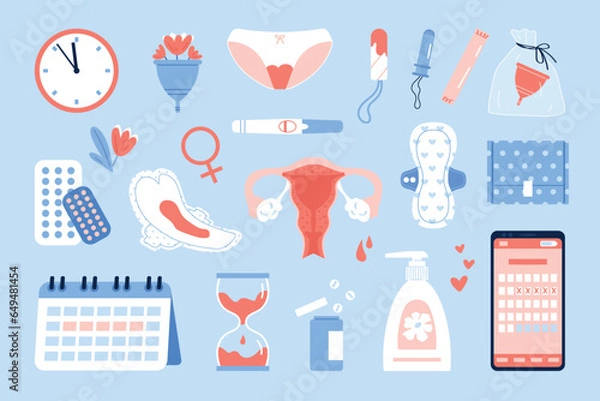 Fototapeta Menstrual period set. Female period products - tampon, pads, menstrual cup. Feminine menstrual care. Flat vector illustration on a blue background.