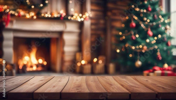 Obraz Holiday table with christmas tree and fireplace  with copy space