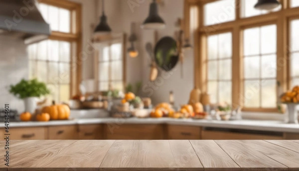 Obraz Wood table with copy space in autumn kitchen with pumpkin decorations