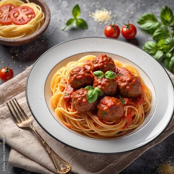 Fototapeta Spaghetti with meatballs