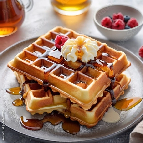 Obraz Delicious Waffle with Maple Syrup and Toppings