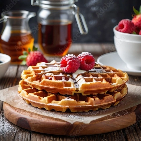 Obraz Delicious Waffle with Maple Syrup and Toppings