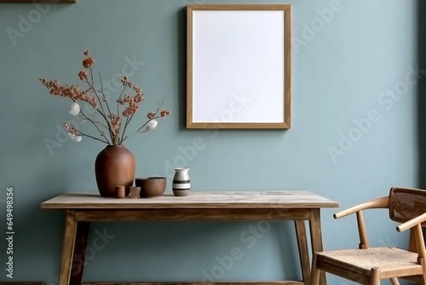 Fototapeta Stylish scandinavian dining room interior with mock up poster frame, wooden table, furniture, cupof coffee, flowers , cement fruits and elegant accessories. generative ai.