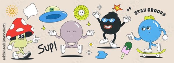 Obraz Set of groovy 70s characters and elements. vintage sticker collection, planets, ufo, ice cream, mushroom, bomb, and abstract shape. vector illustration