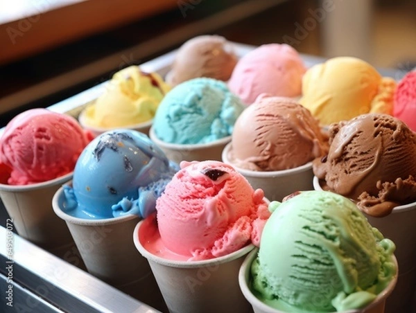 Obraz Delicious colorful ice cream in various colors. Summer refreshing sweets, cold dessert.