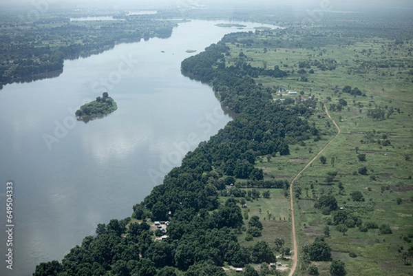 Fototapeta Aerial view of the White Nile River as it flows through Juba, capital of South Sudan