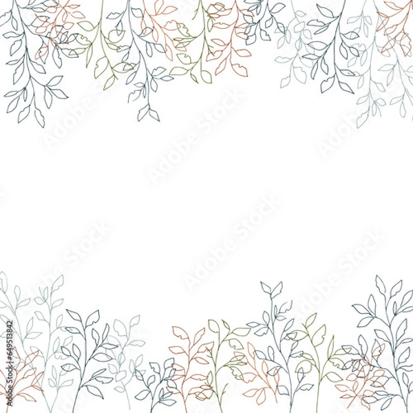 Fototapeta 葉っぱの線画ベクターイラスト。手描きの秋の植物背景。ナチュラルな草木。Line drawing vector illustration of leaves. Hand drawn autumn plants background. Natural plants and trees.