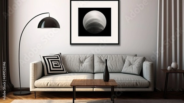 Obraz Stylish interior of living room with mock up geometric minimalistic art, wooden commode, book, leaf in ceramic vase and elegant personal accessories. Minimalist concept of home decor. Template.	