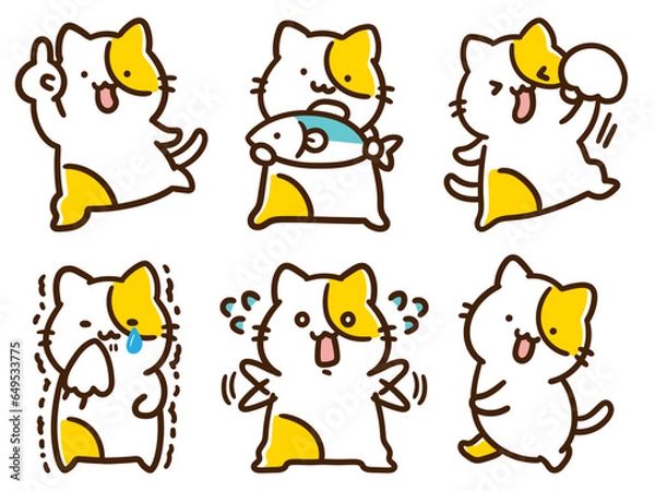 Obraz 色々なポーズをするかわいいねこのキャラクターのデフォルメイラストセット