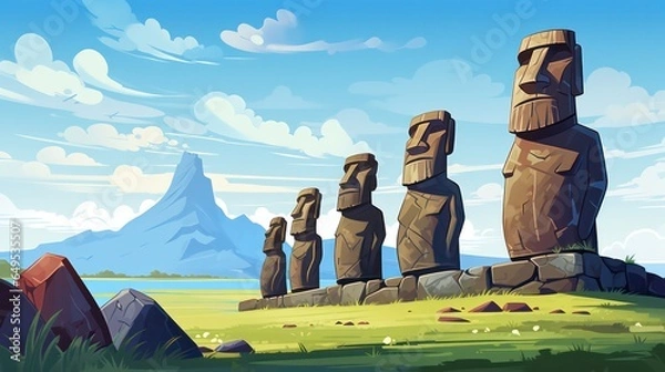 Fototapeta Moai Statues Poster in the Sunny Day with Blue Sky View generative ai