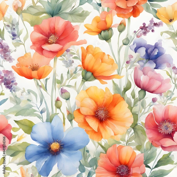 Obraz Seamless pattern of watercolor flowers Pattern painted with colorful watercolors Abstract seamless fabric pattern design.