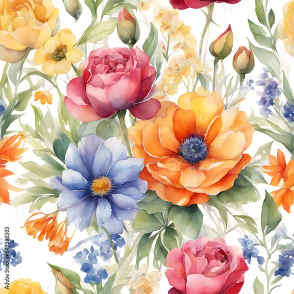 Obraz Seamless pattern of watercolor flowers Pattern painted with colorful watercolors Abstract seamless fabric pattern design.