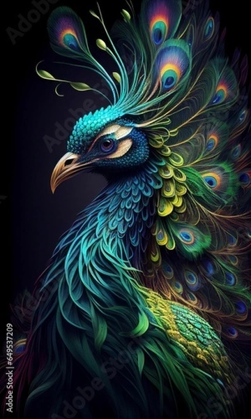 Obraz Close up peacock bird with beautiful tail for background Created with Generative AI technology.