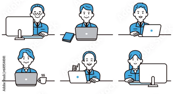 Obraz パソコンを操作する作業着を着た男女のビジネスパーソン